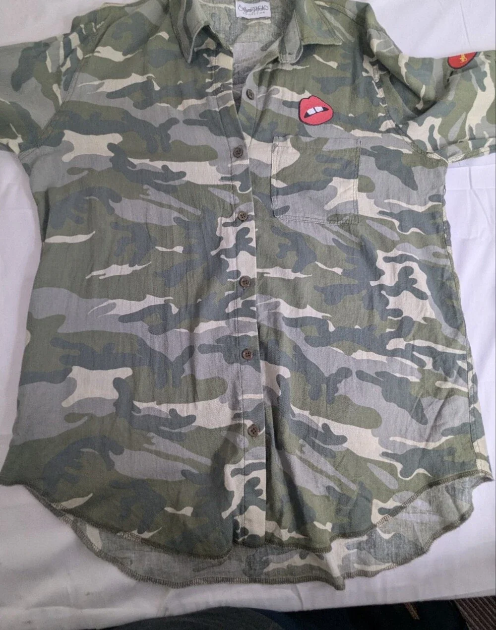 Lauren Moshi Anaya Button Up Shirt Camo Longhorn Lips Size Small